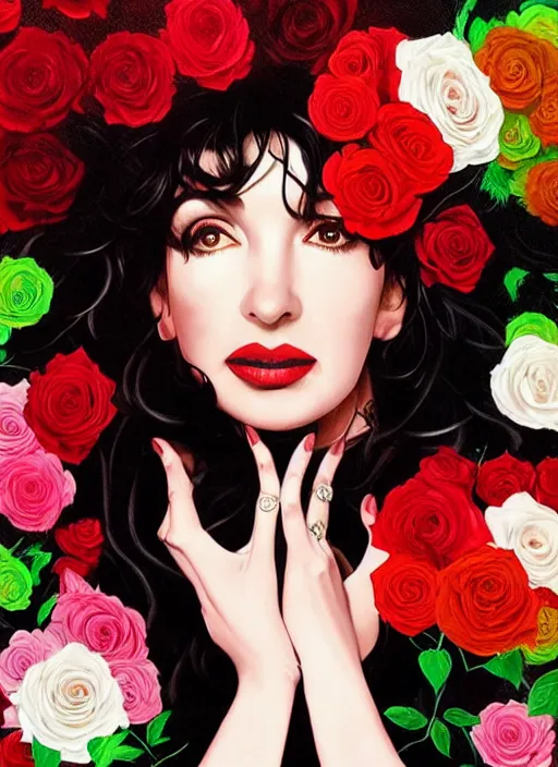 Prompt: portrait of kate bush against a neon multicolored background, lush black hair, pale skin, white and red roses, flowing material, intricate, beautiful cinematic lighting, stunning painting by artgerm, caravaggio, android jones, wadim kashin, annie leibovitz