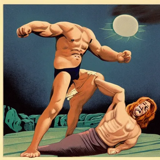 Prompt: Samson wrestling the lion with his bare hands, pulp science fiction illustration