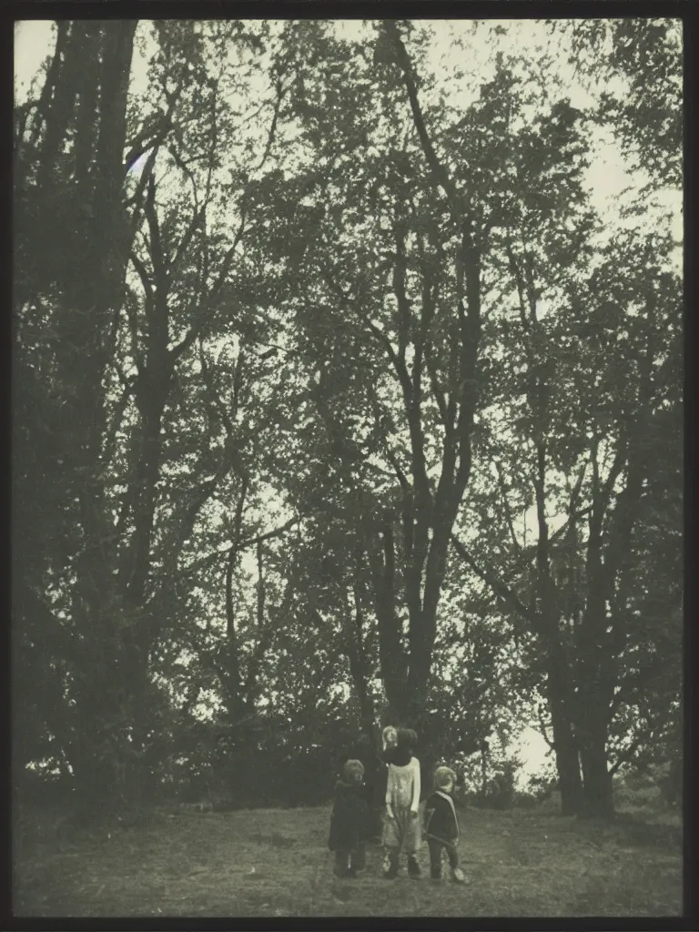 Image similar to a boy and a girl posing for a picture, a strong light behind them, at night, some trees in the background, old polaroid