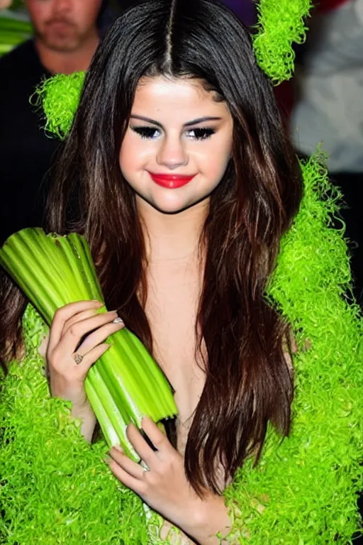 Image similar to selena gomez made out of celery, a human face with celery for hair, celery in the shape of a human face, a bunch of celery sitting on a cutting board, professional food photography, selena gomez wearing green face paint