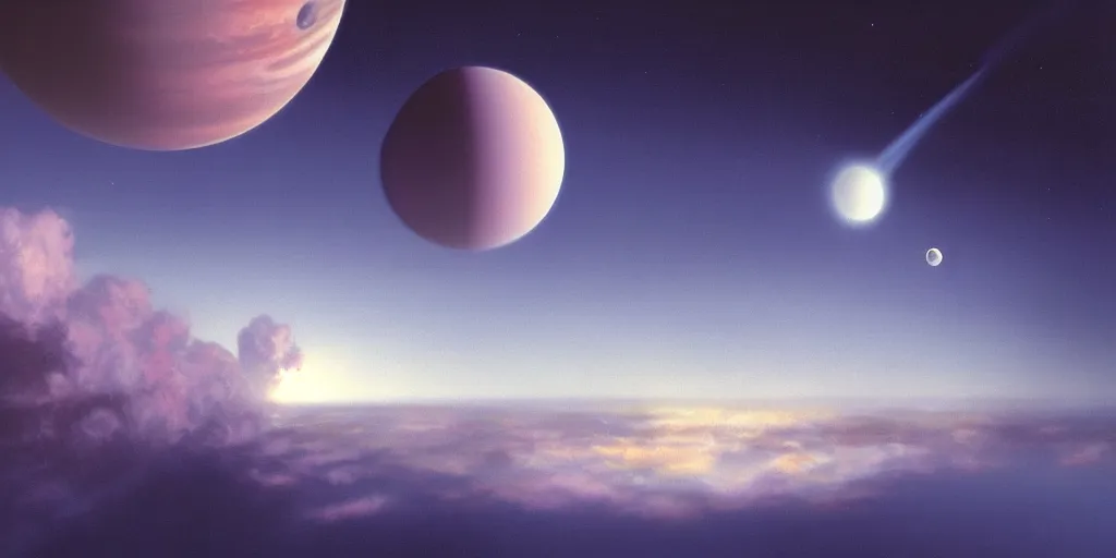 Image similar to blue dreamy cloudscape with a single planet in the clouds, ringed planet, daylight, cinematic lighting, cinematic perspective, syd mead, john harris, federico pelat,