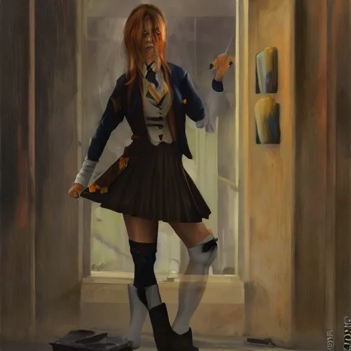 Image similar to oil painting of jinx arcane, standing in abandoned building, wearing formal uniform, in style of charlie bowater, detailed face,