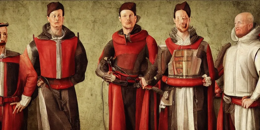 Prompt: 1 6 th century portrait of elon musk, mark zuckerberg and jeff bezos standing side - by - side as members of the spanish inquisition, artstation