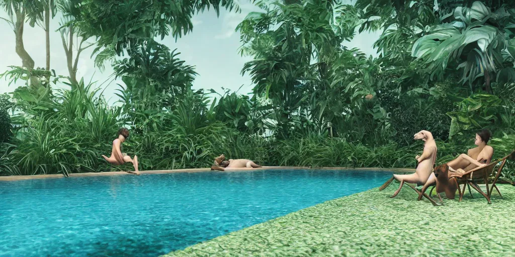 Image similar to swimming pool in the middle of the jungle a cat and a dog playing around , beach chair , octane render