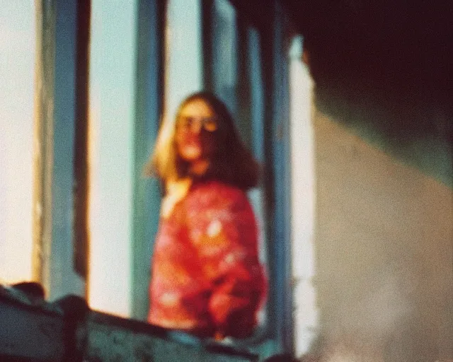 Image similar to lomo photo of pair standing on small hrushevka balcony full with cigarette smoke in small russian town at sunset, cinestill, bokeh