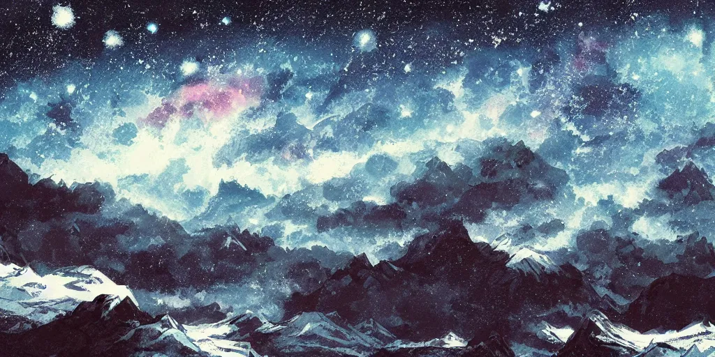 Prompt: stunning cold mountain landscape with sky full of galaxies by posuka demizu