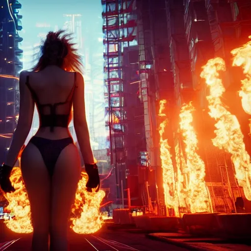 Prompt: beautiful young blonde russian woman from back with flames dancing on her hands with very long jacket in cyberpunk city, realistic, high definition, 4K, shimmering color, art of unreal engine 5