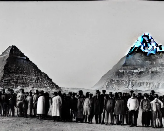 Image similar to a photo from the early 1900s of people standing in front of a UFO, behind them are the Pyramids at Giza