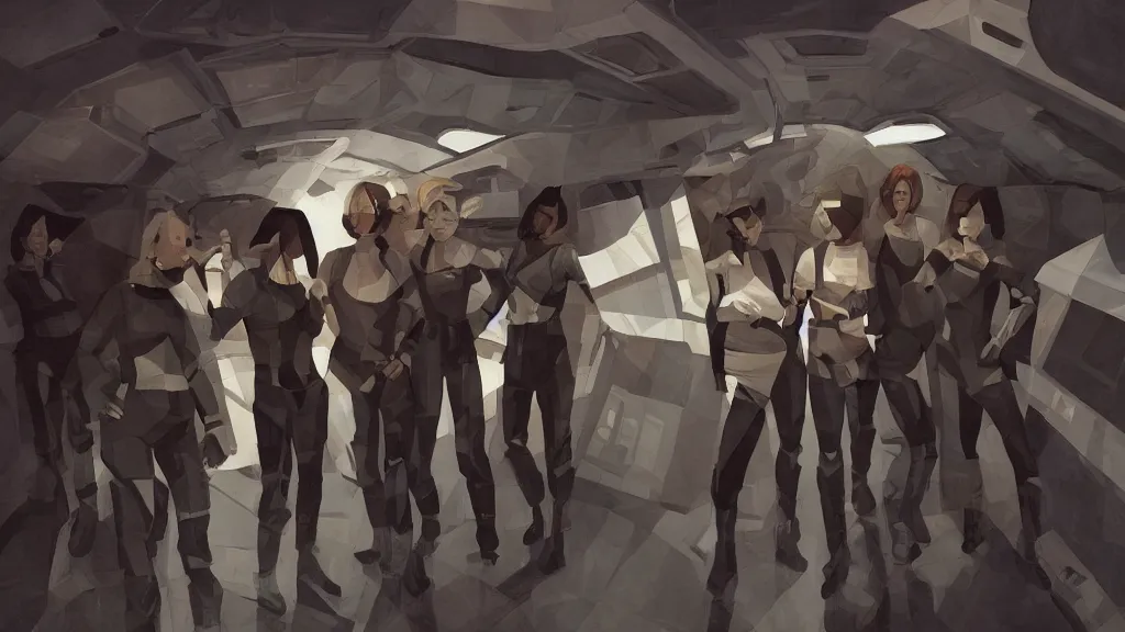 Prompt: all - female crew in a minimalistic, dark ( spaceship ), by jon foster, low poly.