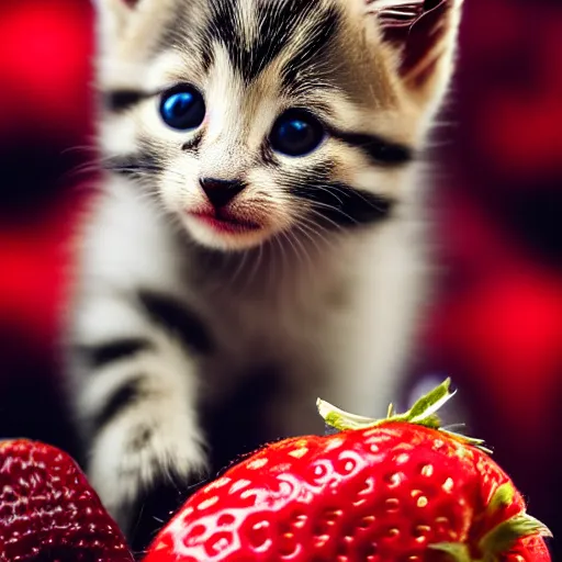 Prompt: macro shot photograph of an extremely tiny baby kitten on top of a strawberry