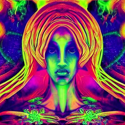 Image similar to “photo of a beautiful extraterrestrial woman goddess, psychedelic, dmt, lsd, epiphany, fractals, alien forms, organic, acidic, acid, 8k”