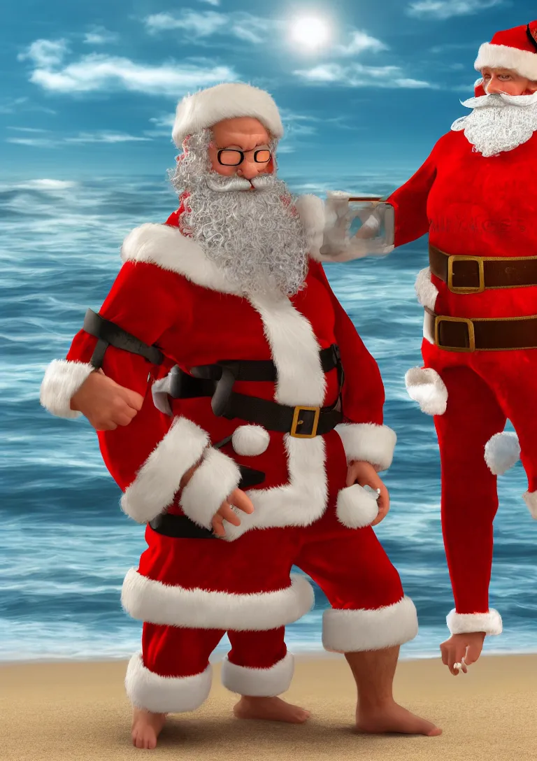 Prompt: portrait of santa claus wearing shorts surfing on the beach, 3d rendering of photo realistic image, super detailed, 4K,cinematic look