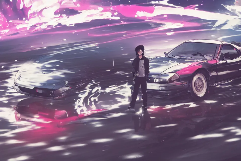 Image similar to aesthetic illustration of ryosuke takahashi with black hair, standing by his glossy white mazda rx 7 on an empty highway at dusk, cinematic lighting, initial d anime 1 0 8 0 p, detailed anime face, high detail, 9 0 s anime aesthetic, volumetric lights, rule of thirds, unreal engine 5 render, pinterest wallpaper, trending on artstation