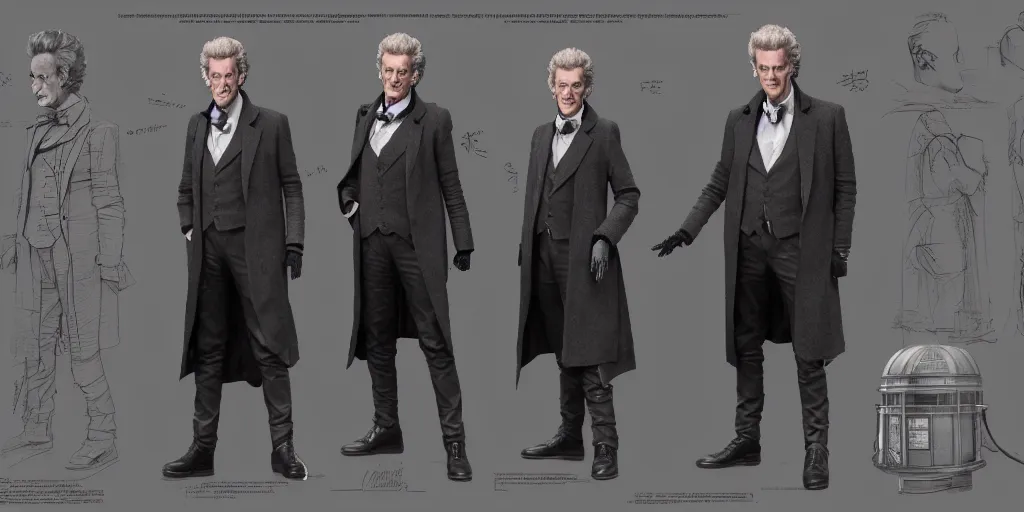 Image similar to peter capaldi as doctor who, character sheet, concept design, contrast, hot toys, kim jung gi, greg rutkowski, zabrocki, karlkka, jayison devadas, trending on artstation, 8 k, ultra wide angle, pincushion lens effect