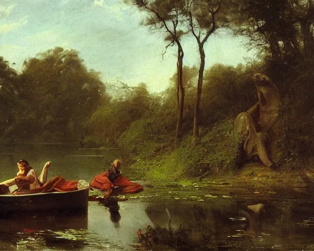 Prompt: gigantic monster frog's head above water of pond holding man with his tongue by andreas achenbach