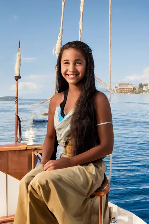 Image similar to full-length photo of real life Katara from Avatar, smiling, looking at camera, sitting on a boat