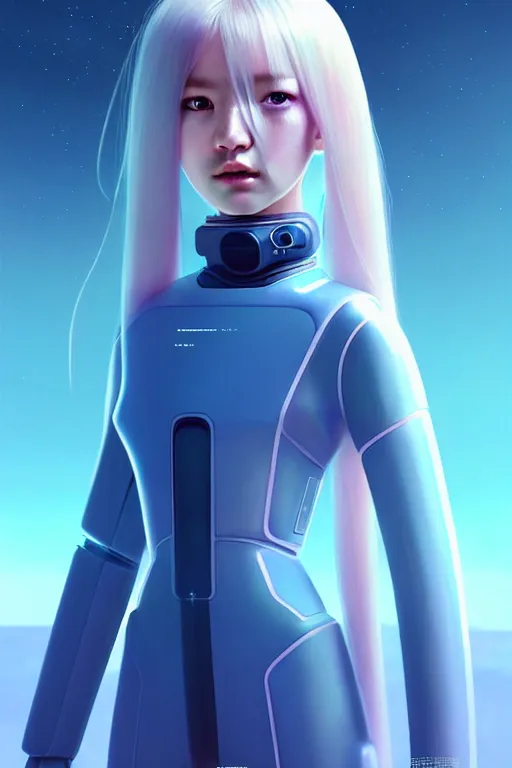 Image similar to perfect android girl family, explorer suit, artgem, scifi, futuristic design, bae suzy, long white hair!!!, blue eyes,, full body character design, cinematic lighting, highly detailed, artstation, divine, by huifeng huang, beeple, goro fujita, smooth gradient.