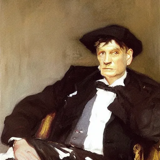 Image similar to “painting by John singer Sargent of an old and shabby chimney sweep seated on an expensive settee”