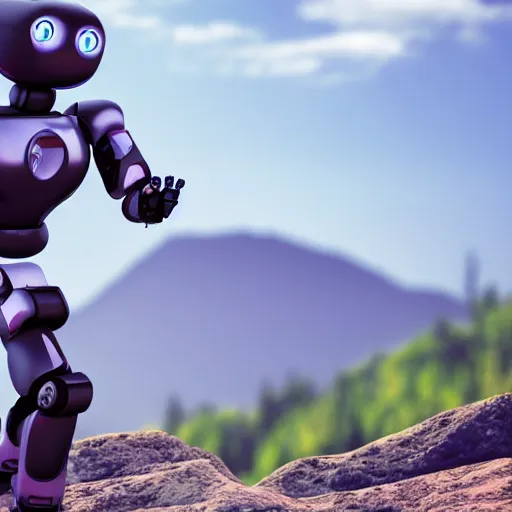 Prompt: a robot running in the mountains, 4 k