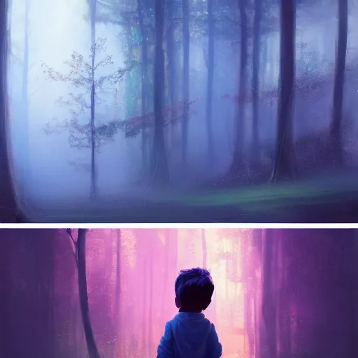 Prompt: a little boy lost in the magic woods, by elsa bleda, by ben enwonwu, by yanjun cheng, wide angle, concept art, artstation, cinematic, atmospheric, anamorphic, film