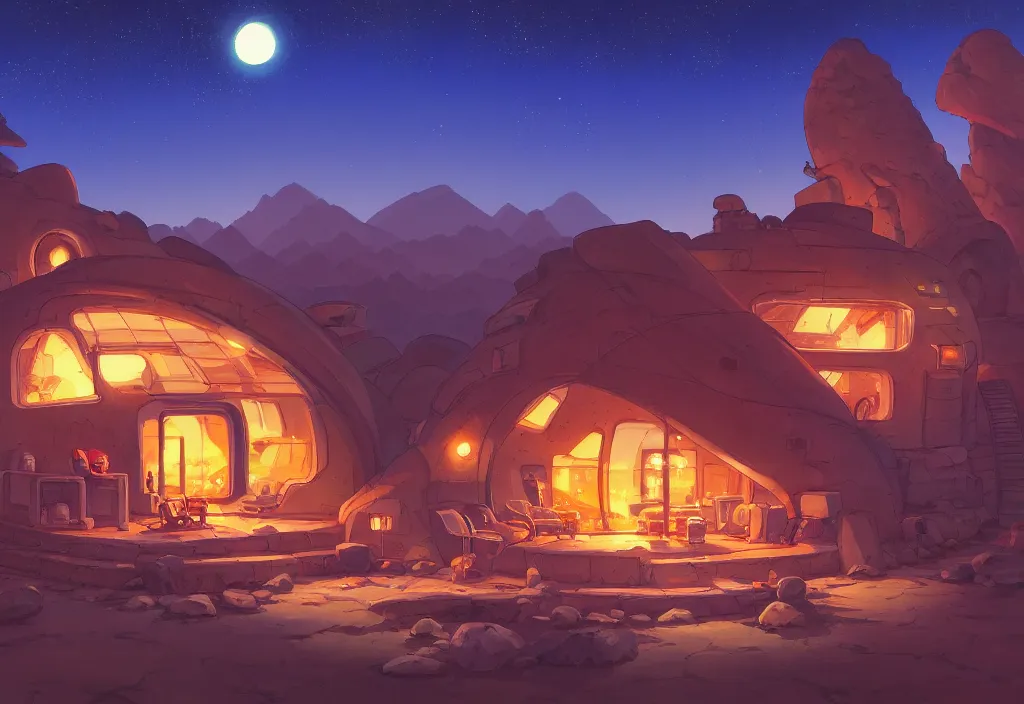 Image similar to sci - fi chubby house in the desert at night, bondfire, rocks, mountain, river, intricate oil painting, high detail illustration, sharp high detail, manga and anime 1 9 9 9, official fanart behance hd artstation by jesper ejsing and makoto shinkai, 4 k,