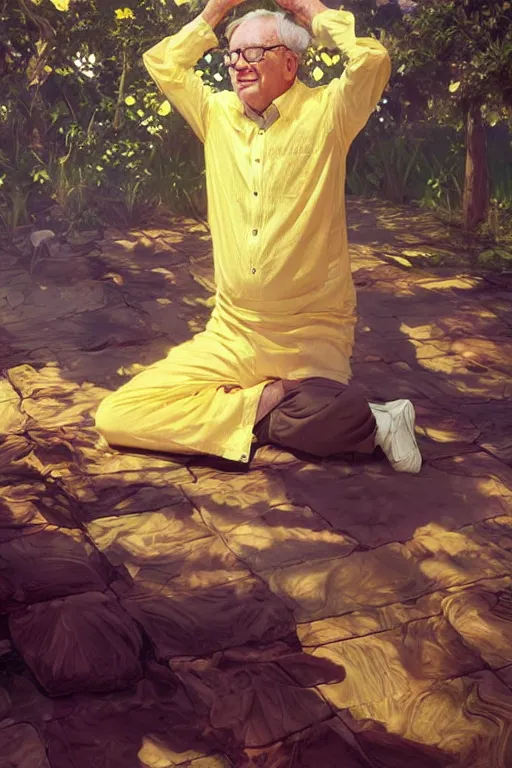 Image similar to warren buffet godly clothes meditating in the sun, yellow lighting ultra realistic photorealistic highly detailed high quality, a stunningly, digital painting, artstation, concept art, smooth, sharp focus, illustration, art by artgerm and greg rutkowski and alphonse mucha 8 k