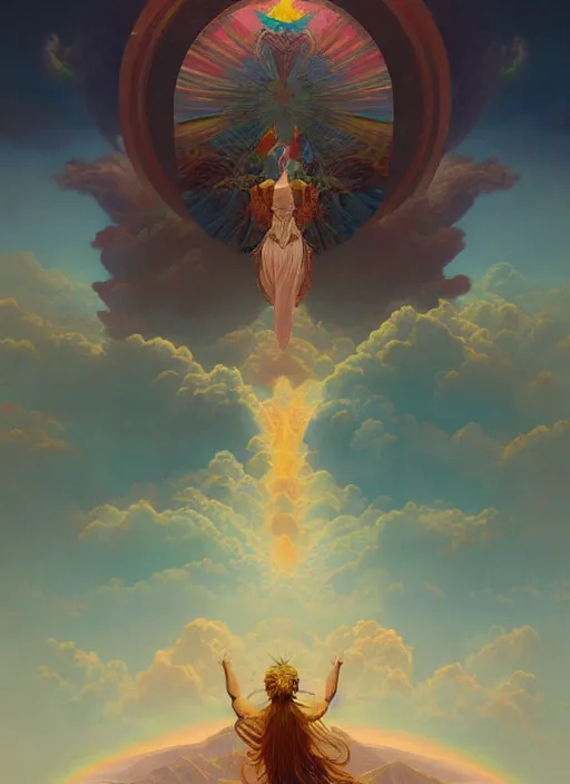 Prompt: goddess of clouds and mountains, concept art, symmetrical, trending on artstation vivid color, complementary color, golden ratio, detailed, sharp lines, intricate, rainbowshift by andrei riabovitchev, by peter mohrbacher, by gustave dore, by maxfield parrish, by alphonse mucha, deviantart, octane render