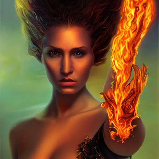 Prompt: A stunning portrait of a goddess with a body of flames by Jim Burns, 8K UHD, fantasy, Trending on artstation.