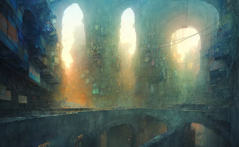 Image similar to subterranean city. intricate, amazing composition, colorful watercolor, by ruan jia, by maxfield parrish, by marc simonetti, by hikari shimoda, by robert hubert, by zhang kechun, illustration, gloomy, volumetric lighting, fantasy