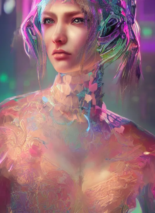Image similar to detailed realistic full body colorful pastel painting of a cyberpunk female in intricate clothing, beautiful face, elegant pose, fantasy, illustration, insanely detailed and intricate, octane render, 4k