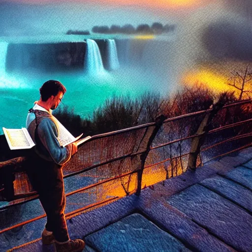 Image similar to highly detailed concept art of award winning cinematic still of close up of man reading the Bible at Niagara falls, waterfalls, colorful sunset, epic, cinematic lighting, dramatic angle, heartwarming drama directed by Steven Spielberg,