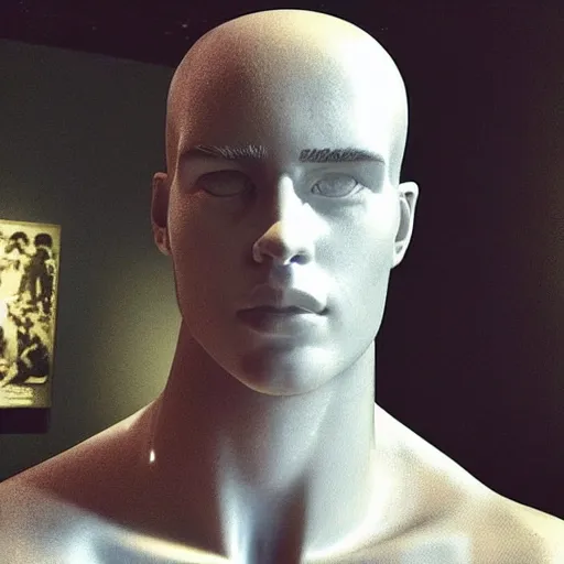 Image similar to “ a realistic detailed photo of a guy who is an attractive humanoid who is half robot and half humanoid, who is a male android, actor liam hemsworth, shiny skin, posing like a statue, blank stare, at the museum, on display ”