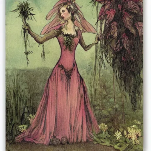 Image similar to dark gothic fairy wearing a gown posing with castor bean plant by Cicely Mary Barker