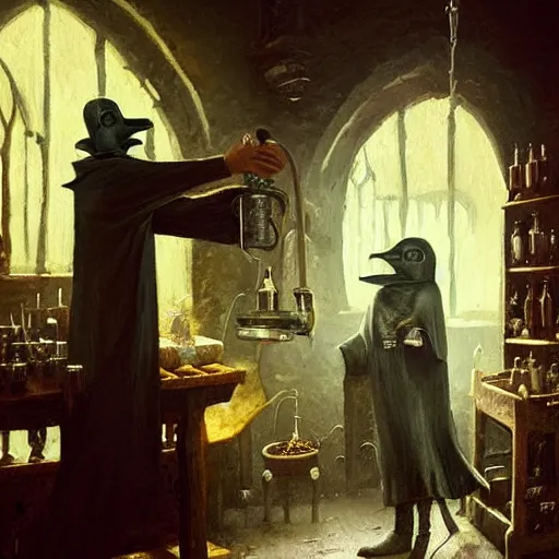 Image similar to plague doctor working in medieval apothecary, magical alchemy laboratory, oil painting, by Greg Rutkowski