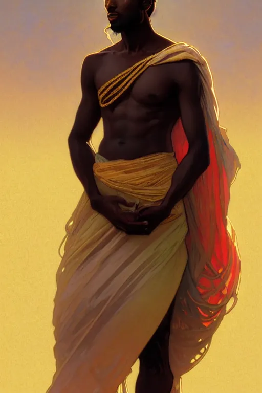 Image similar to full figure beautiful young fit dark skin man, covered in multicolored arabian fluent clothes, luminous scene, by greg rutkowski and alphonse mucha, d & d character, gradient white to gold, in front of a dune desert background, highly detailed portrait, digital painting, artstation, concept art, smooth, sharp focus illustration, artstation hq