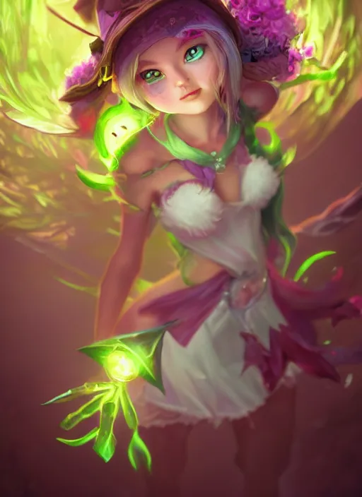 Prompt: lulu fairy witch with green eyes, from league of legends, au naturel, hyper detailed, digital art, trending in artstation, cinematic lighting, studio quality, smooth render, fluorescent skin, unreal engine 5 rendered, octane rendered, art style by klimt and nixeu and ian sprigger and wlop and krenz cushart