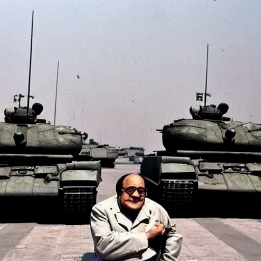 Image similar to Danny DeVito standing in front of Chinese tanks, photograph taken by AP, Tiananmen Square, Beijing