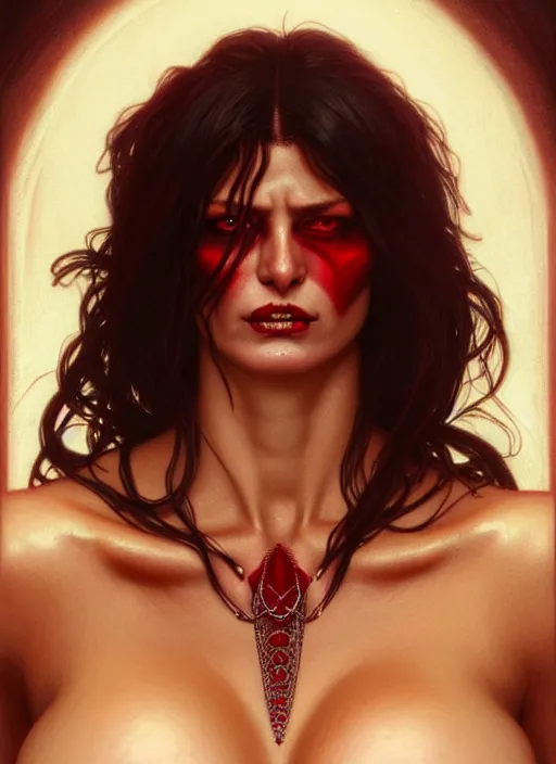 Image similar to portrait of cindy landolt as a vampire lord, jewelry, greek, ruby, intricate, headshot, highly detailed, digital painting, artstation, concept art, sharp focus, cinematic lighting, illustration, art by artgerm and greg rutkowski, alphonse mucha, cgsociety