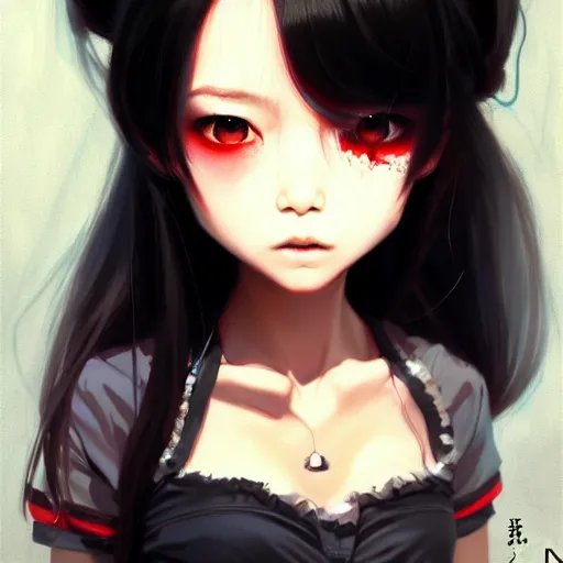 Prompt: Incredibly cute japanese gyaru, black hair, grumpy face, red eyes by Nuri iyem, James gurney, James Jean, Greg Rutkowski, highly detailed, trending on artstation, artstationHD, artstationHQ, 4k, 8k