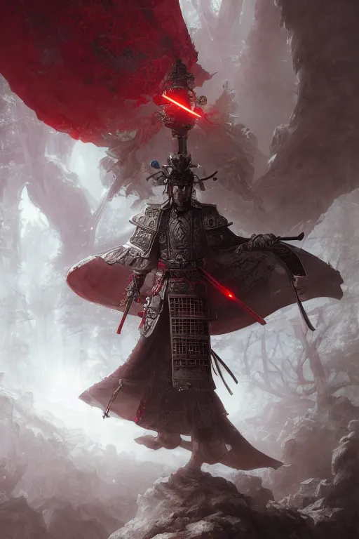 Prompt: a photographic portrait of a powerful samurai cloaked in white, carrying swords on his back, standing under a beam of light, a dark cave, ruby red sorrow, intricate, elegant, highly detailed, ornate, beautifully lit, ray traced, octane render by Peter Mohrbacher and Peter Gric