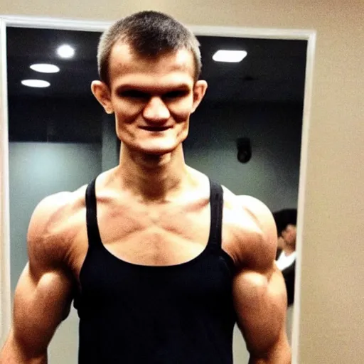 Image similar to vitalik buterin bodybuilder, macho, strong, photo