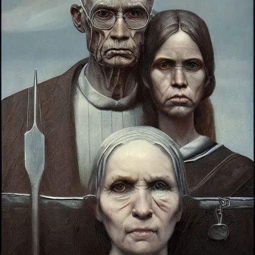 Image similar to American Gothic dark epic fantasy, trending on artstation, by Artgerm, H.R. Giger and Zdizslaw Beksinski, highly detailed