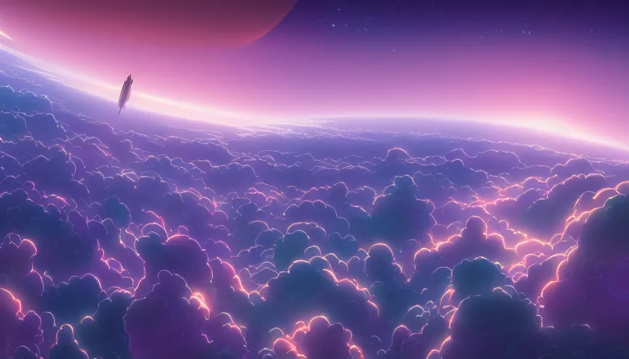 Prompt: A highly detailed matte painting of the sunset in space, purple, by Studio Ghibli, Makoto Shinkai, by Artgerm, by beeple, by Greg Rutkowski, volumetric lighting, octane render, 4K resolution, trending on artstation, masterpiece