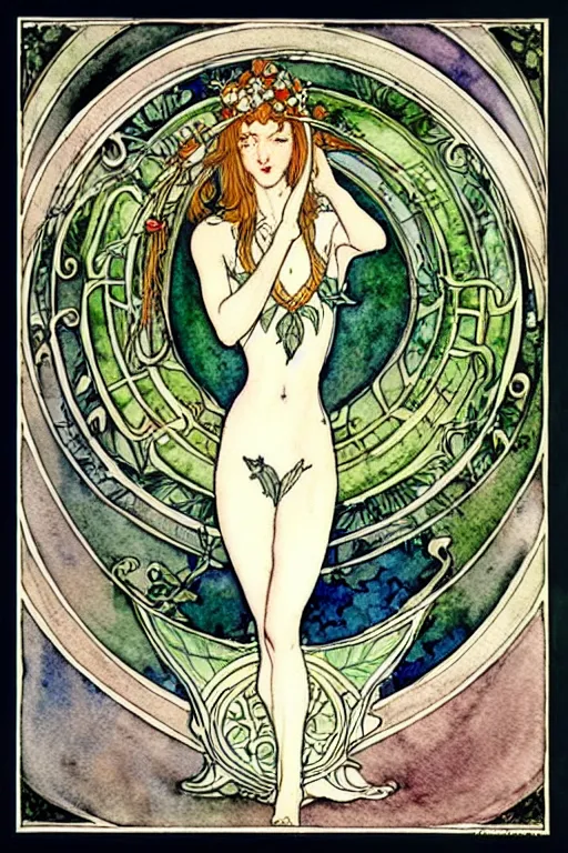 Prompt: elven art nouveau goblet of win watercolor painting in the center of a circular frame of leaves, art by walter crane and arthur rackham, illustration style, watercolor