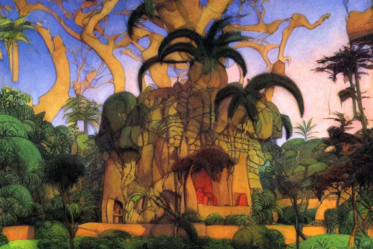 Prompt: a sandstone villa in the jungle,, glowing with silver light, painting by jean - leon gerome, illustration by winsor mccay, color by franz marc, today's featured anime still, architecture, 1 6 k