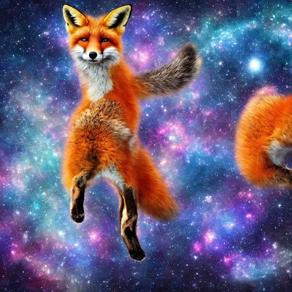 Image similar to a fox in a lake in space staring up at a galaxy, realistic, colorful