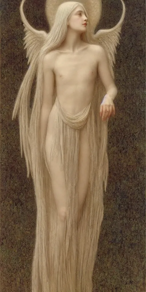 Image similar to Say who is this with silver hair so pale and Wan and thin? Beautiful feminine angel in the style of Jean Delville, Lucien Lévy-Dhurmer, Fernand Keller, Fernand Khnopff, single figure, oil on canvas, 1896, 4K resolution, aesthetic, mystery