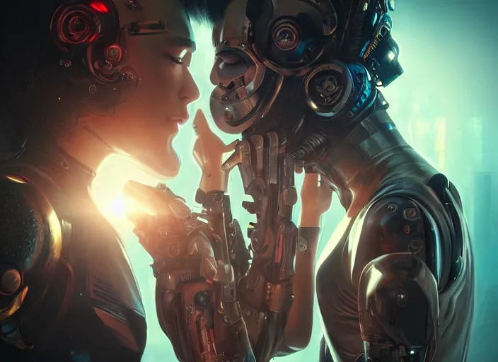 Image similar to ultra realistic medium shot of a couple of cyborgs kissing, lovers, cyberpunk, sci - fi, fantasy, kodak, colour led, soft light, volumetric lighting, night, intricate, highly detailed, digital painting, concept art, smooth, sharp focus, illustration, art by artgerm and greg rutkowski and alphonse mucha