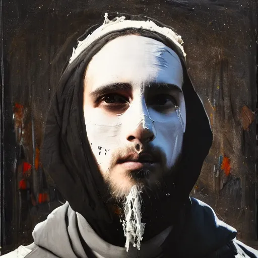 Prompt: a full body lookbook portrait of modern - day jesus wearing virgil abloh off - white menswear collection by nicola samori, hat and hoodie, detailed, oil painting, hyper - realistic, 8 k, off - white collection