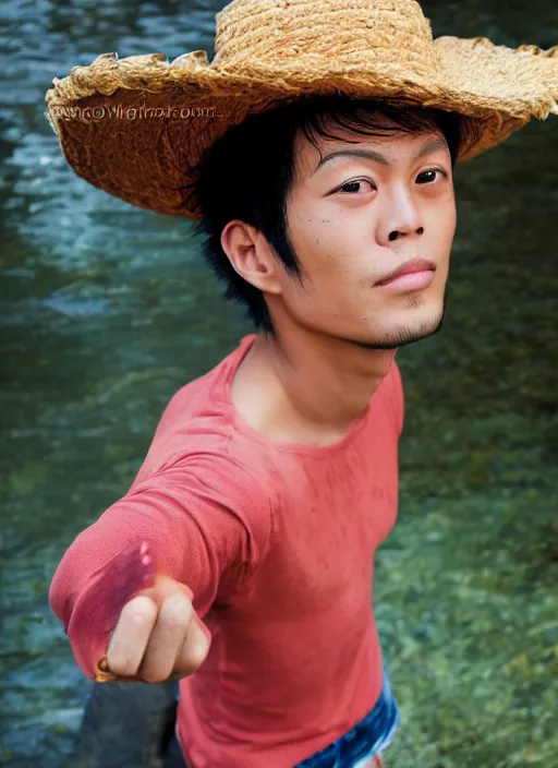 Image similar to A full portrait photo of real-life luffy one piece, f/22, 35mm, 2700K, lighting, perfect faces.